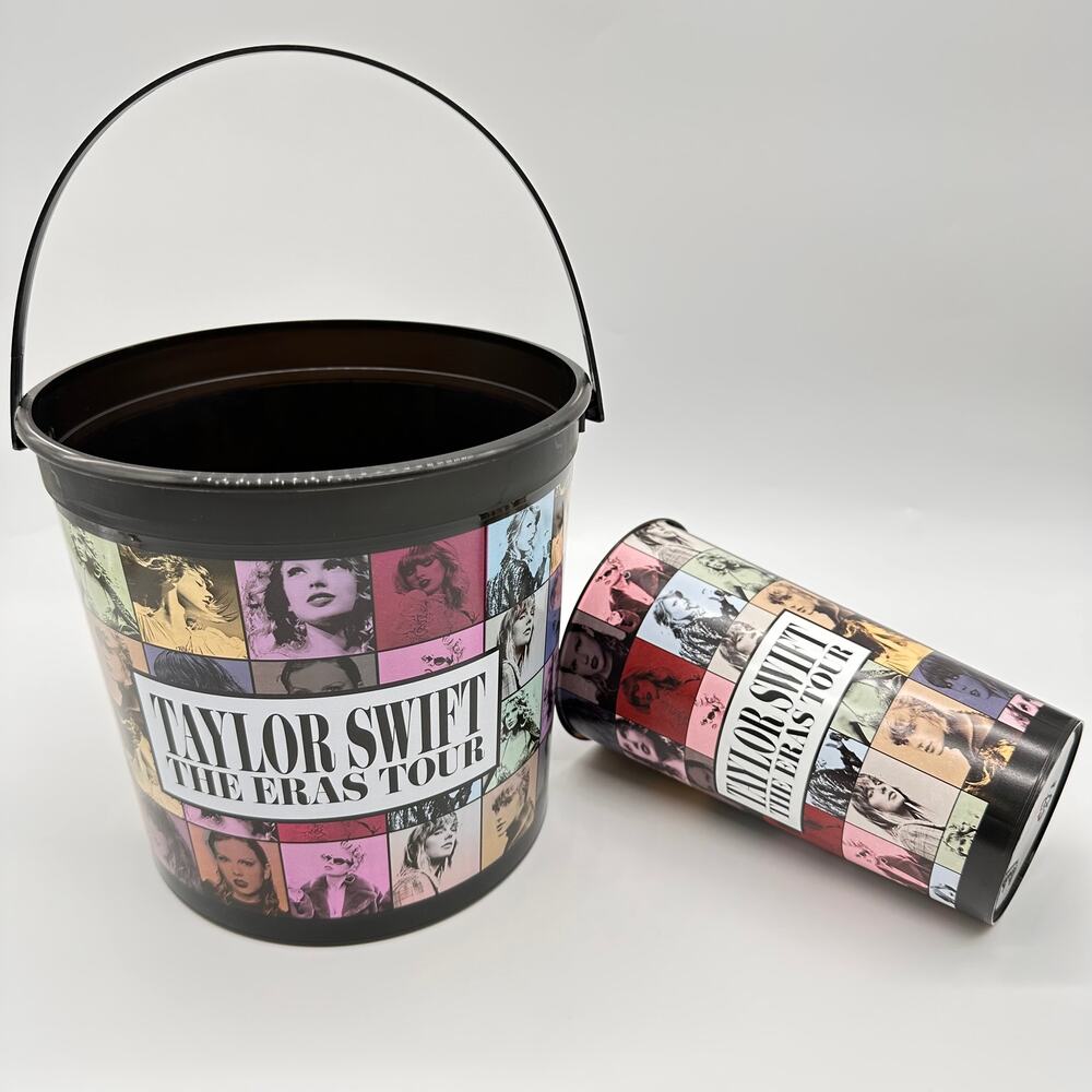 TAYLOR SWIFT BLACK PLASTIC POPCORN TUB PLASTIC CUP BUNDLE THE ERAS TOUR MOVIE